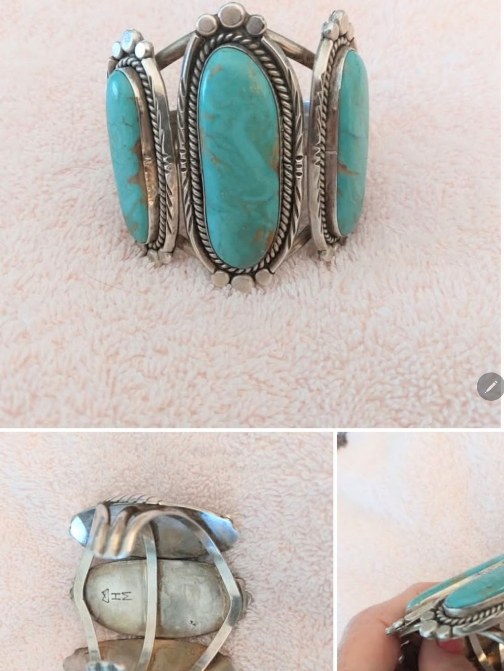 Sterling Silver Navajo Cuff With 3 Xtra Large Turquoise And Gorgeous
